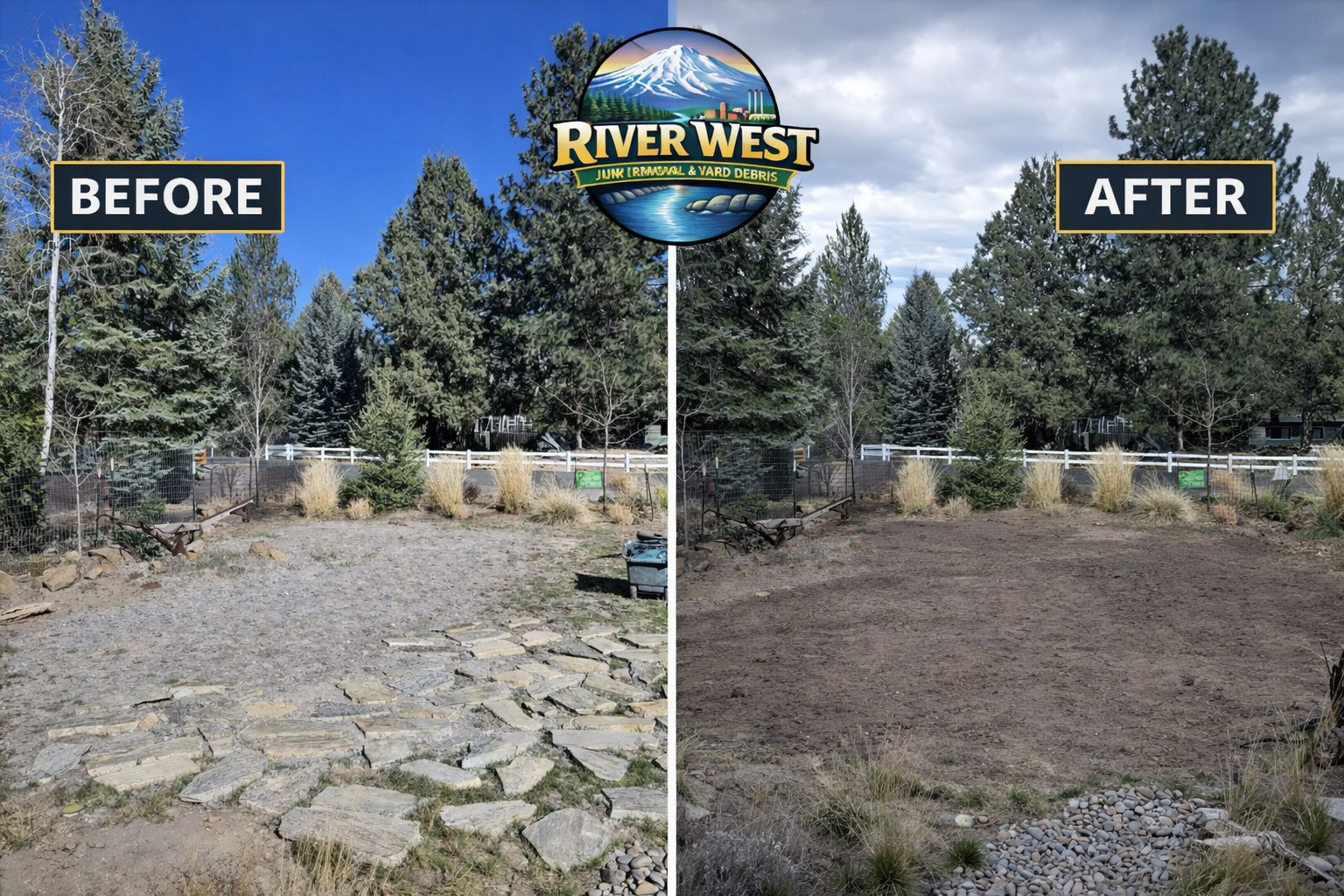 Before and after sod cutting and removal project in Bend, Oregon by River West Junk Removal